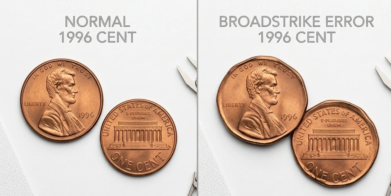 Macro comparison of normal 1996 penny and broadstrike error penny