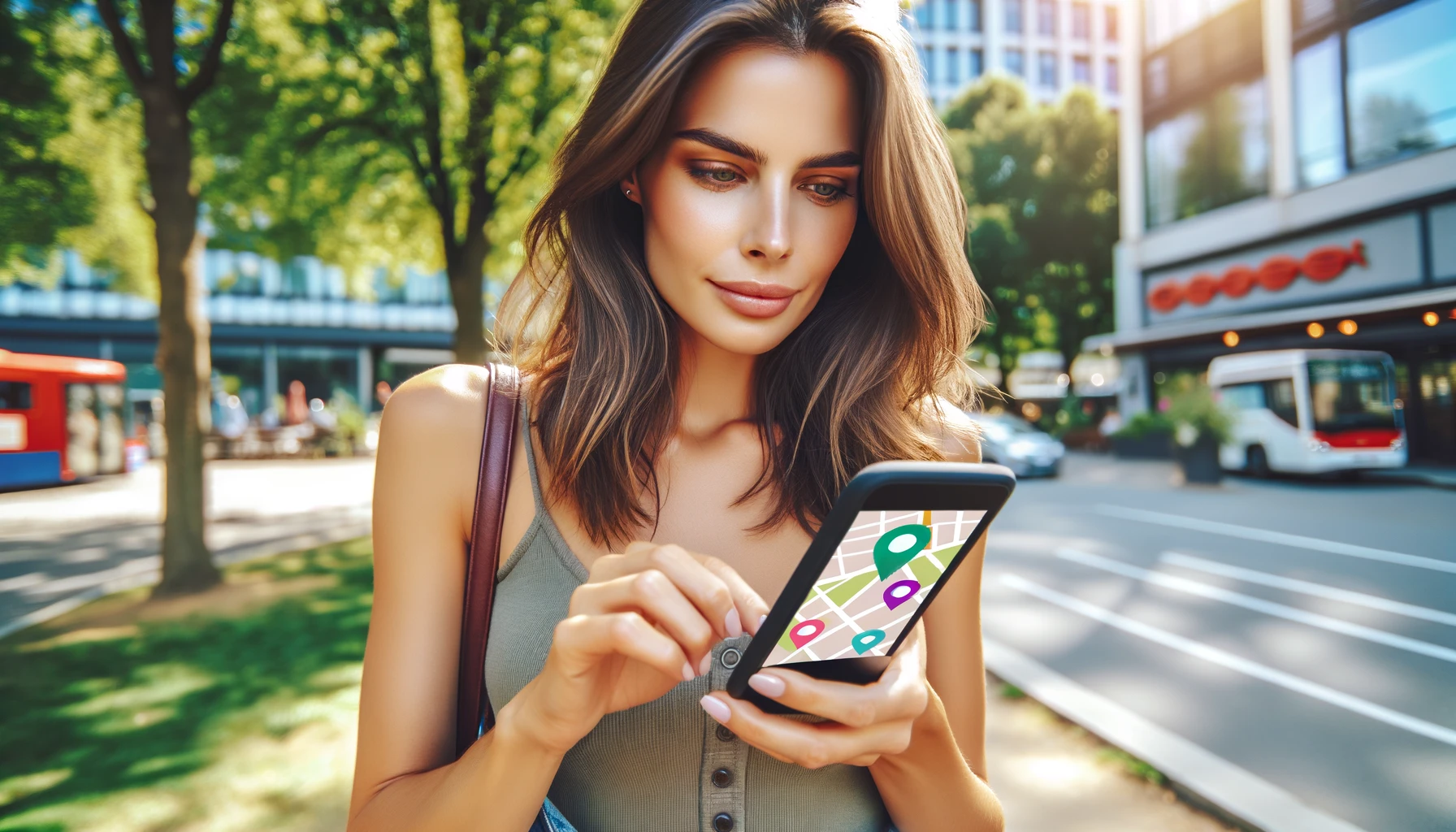 an attractive woman using a location app on her smartphone while outdoors in a city park