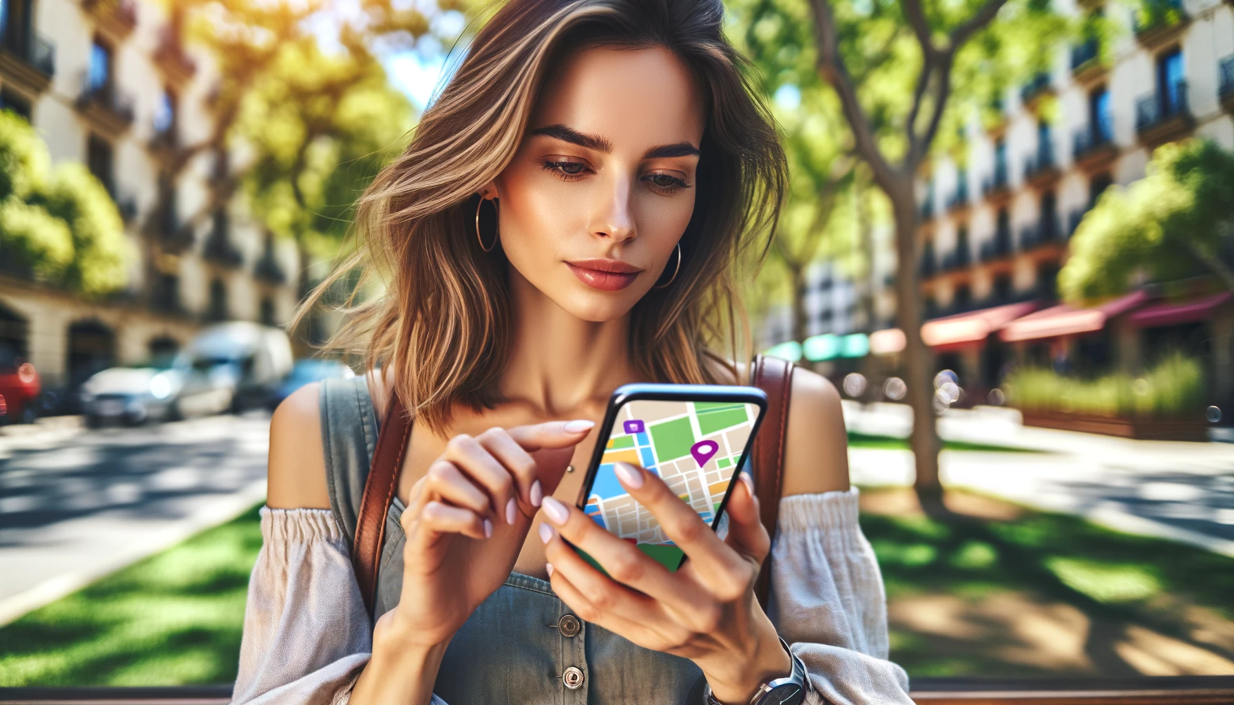 an attractive woman using a location app on her smartphone while outdoors