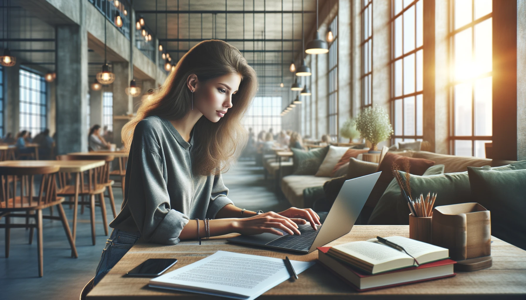 A young woman seated in a modern cafe, deeply focused on her laptop surrounded by notes and books, illustrating continuous learning and self-improvement in writing