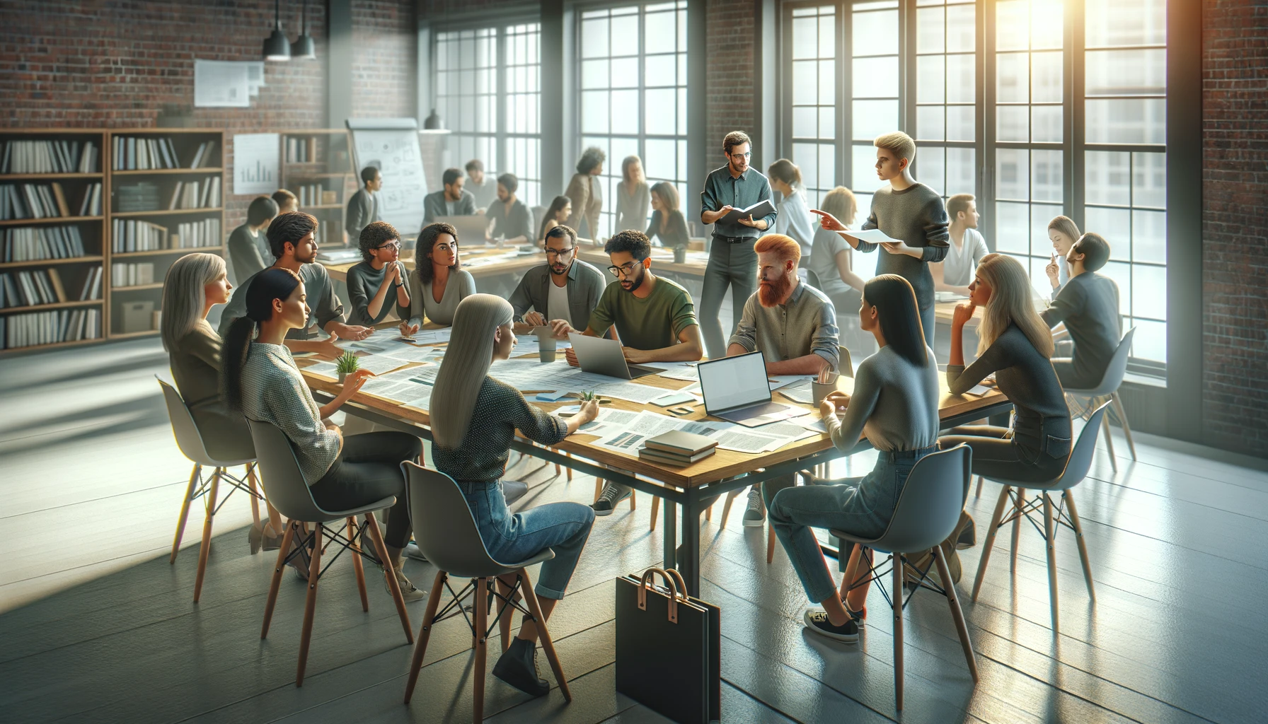 A diverse group of individuals actively engaged in a writing workshop, gathered around a table filled with papers and laptops, highlighting collaboration and peer learning
