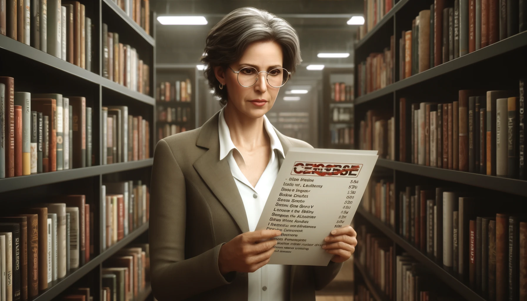 A concerned librarian in a library examining a list of books marked for censorship, highlighting the challenges faced by libraries