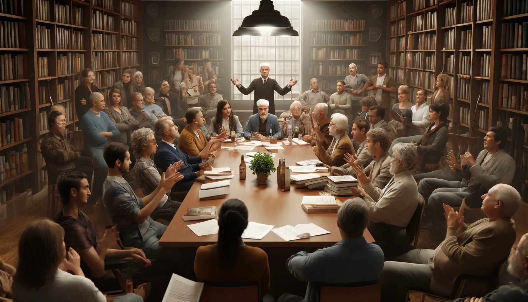 A community meeting in a library where residents are actively discussing book censorship issues, reflecting the community's involvement in defending intellectual freedom