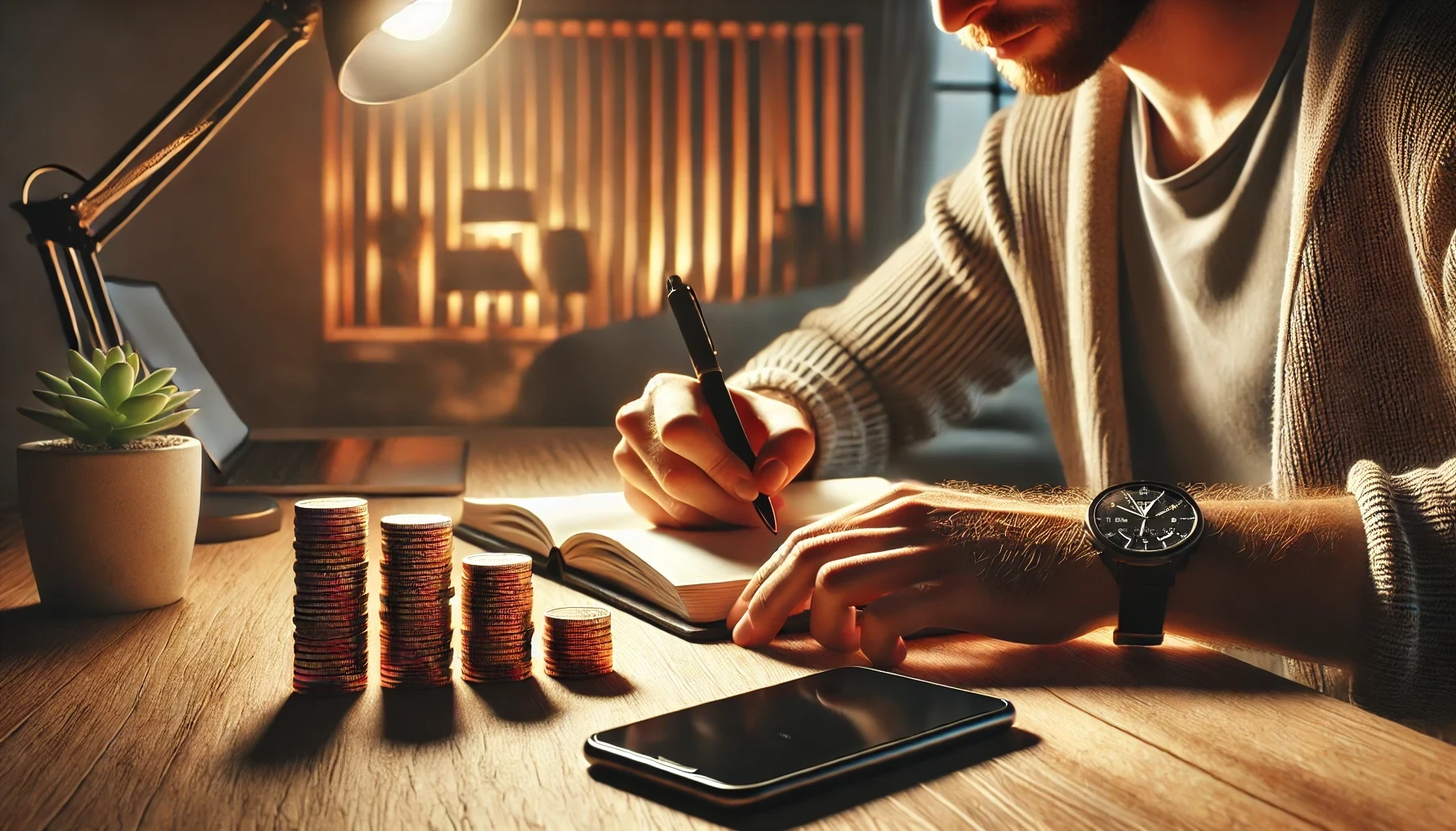 A man is writing in a notebook his story about coins. Next to him, there are neatly stacked piles of coins and a smartphone with an identification app.