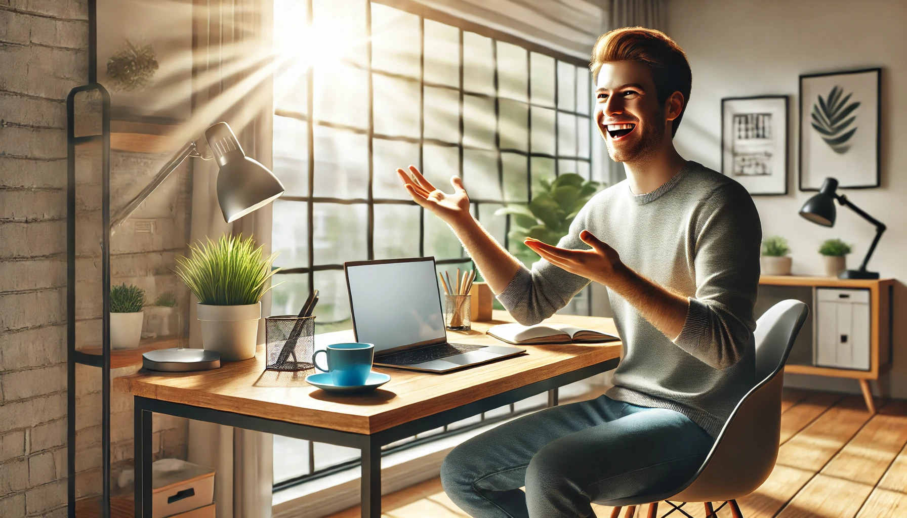  A cheerful person is sitting at a laptop] and gesturing with excitement as he receives a brilliant idea.