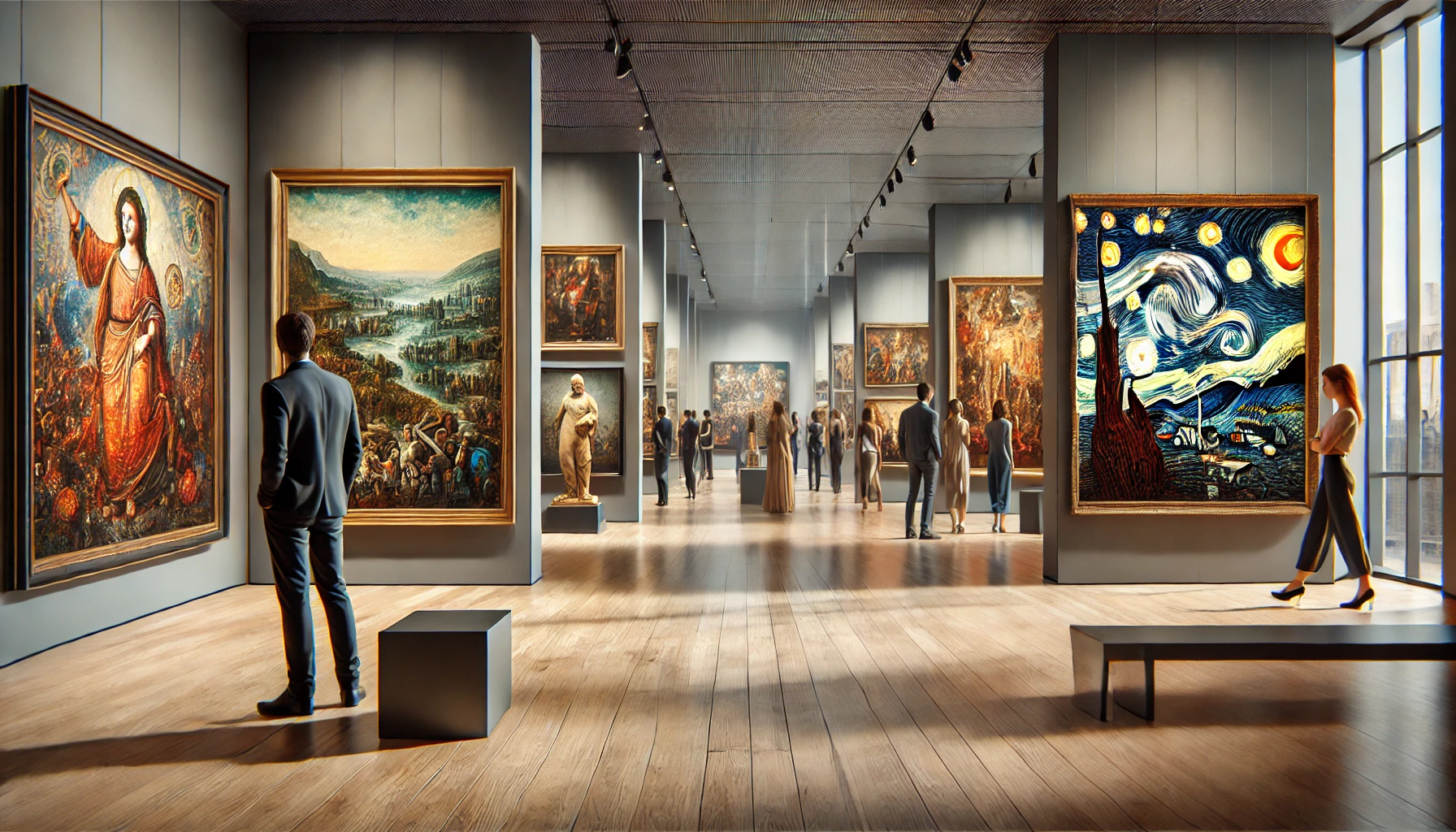 a modern art gallery featuring diverse abstract and historical-inspired paintings on display. The gallery is well-lit with sleek interiors and visitors observing the artworks with interest.