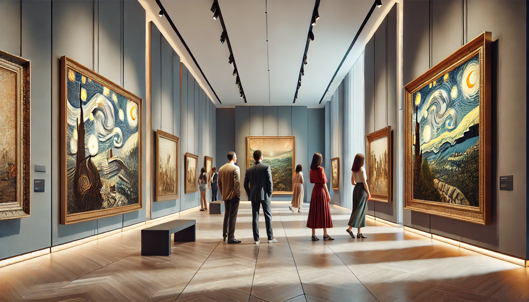 an elegant art gallery showcasing contemporary and historical-inspired artworks. The gallery features abstract and storytelling pieces on minimalist walls, with sophisticated lighting that highlights their depth and detail. 