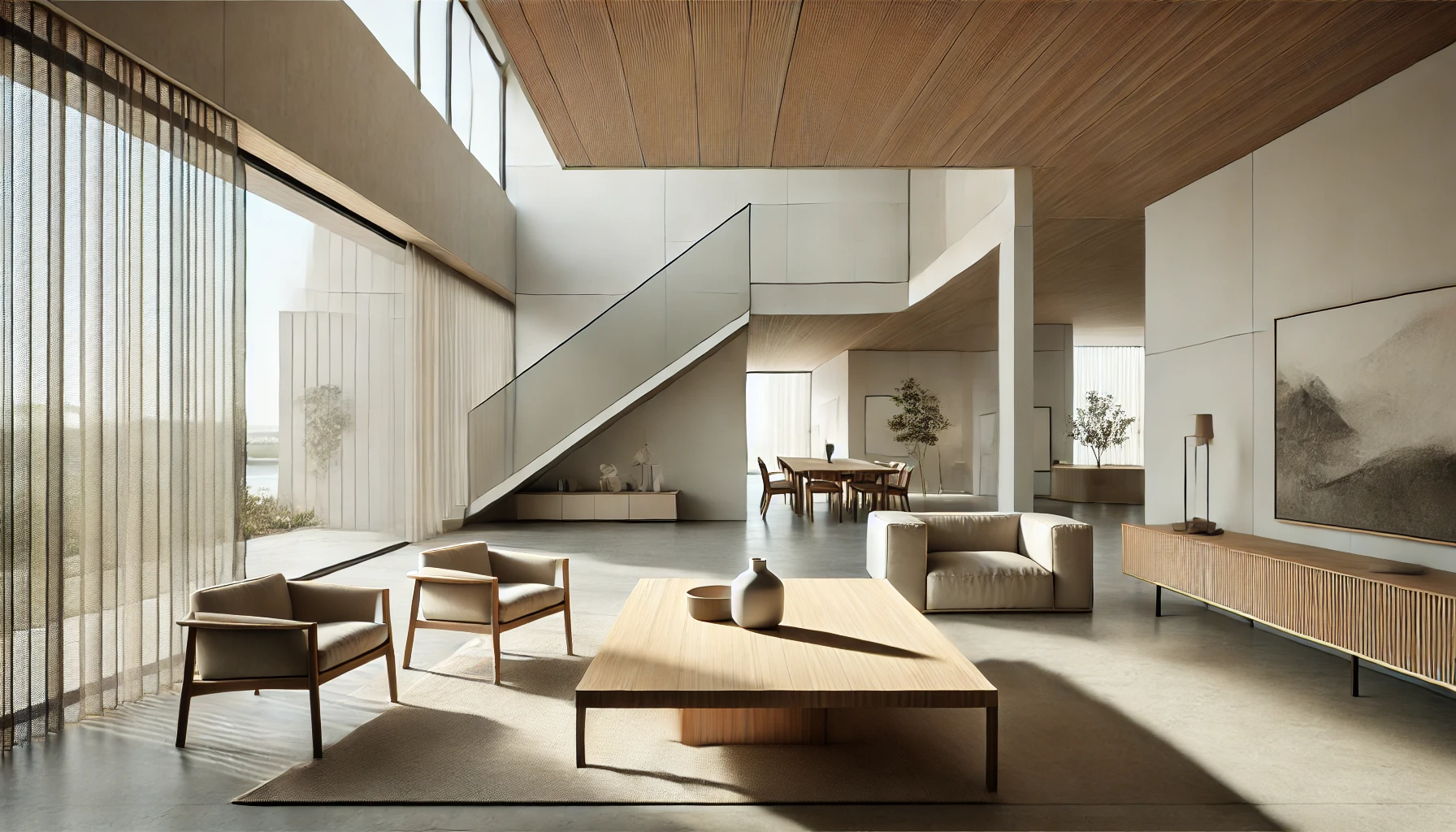 a minimalist interior showcasing clean geometric shapes, open spaces, and natural materials.