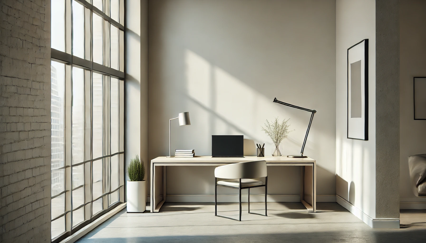 a minimalist workspace featuring a sleek desk with a simple lamp, a laptop, and a single plant for decor.