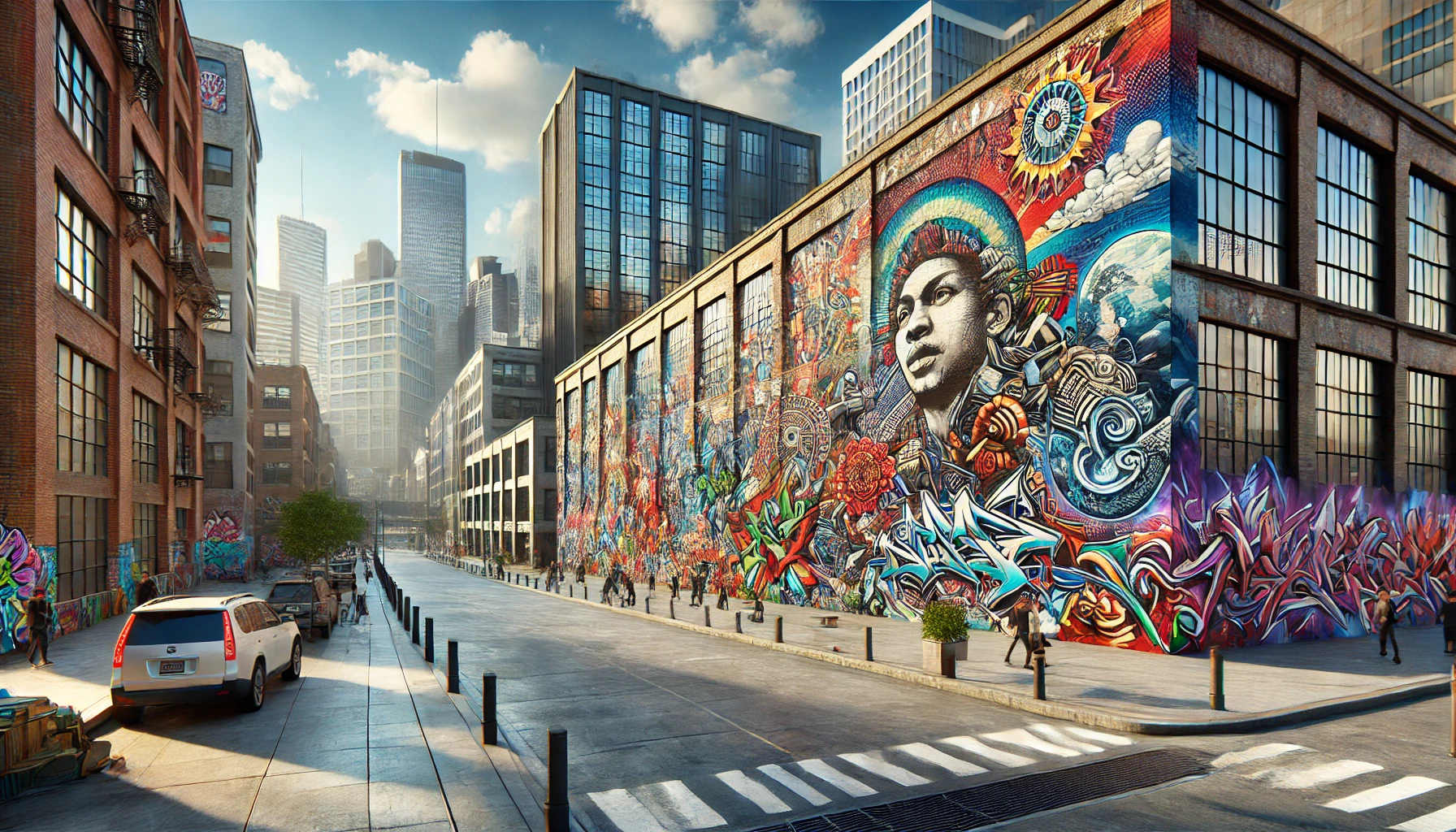 a vibrant urban street featuring a large, colorful mural on a building wall. 