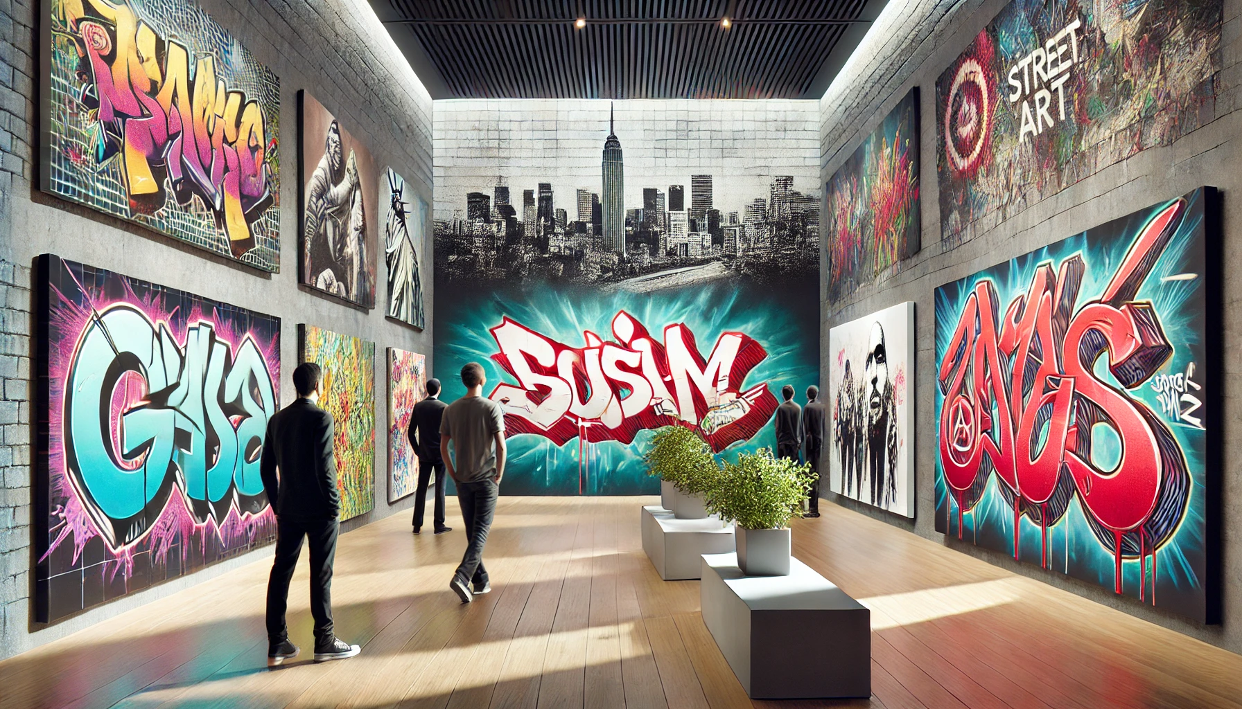 an art gallery interior showcasing street art-inspired pieces.