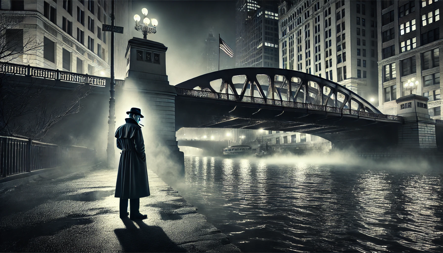 A nighttime scene in Chicago captures the essence of classic noir fiction. The iconic Chicago River, enveloped in rolling fog, winds through the city, flanked by historic buildings and illuminated by dim street lights casting long shadows. Near the water's edge stands a detective in a trench coat and fedora.