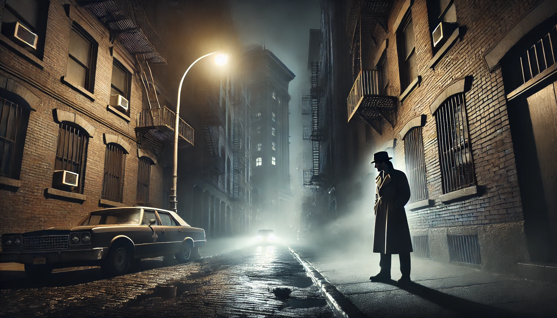 A foggy, dark alley in New York City at night with old brick buildings on either side. The alley is illuminated by a single flickering street lamp, casting long shadows. A detective in a trench coat and fedora is studying a car in front of him that may be a clue.