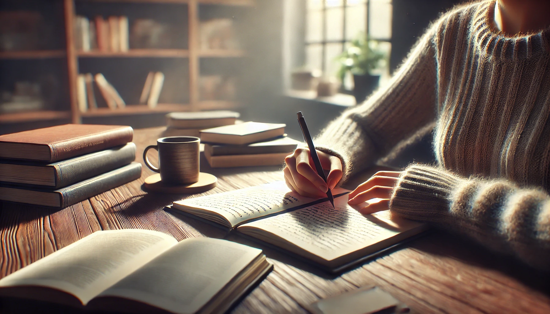 A person deeply engaged in writing on a wooden desk. The desk is cluttered with books, a cup of coffee, and an open notebook with handwritten notes.