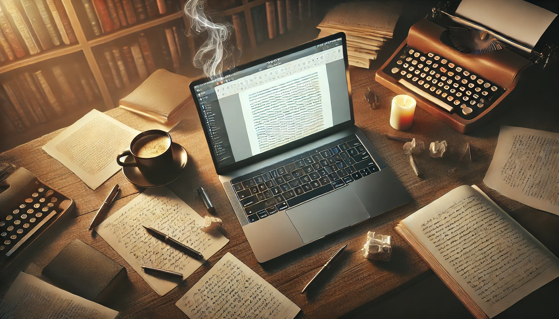 A writer's desk viewed from above, showing an open laptop with a blank document on the screen, surrounded by scattered handwritten notes, a steaming cup of coffee, and a few pens.