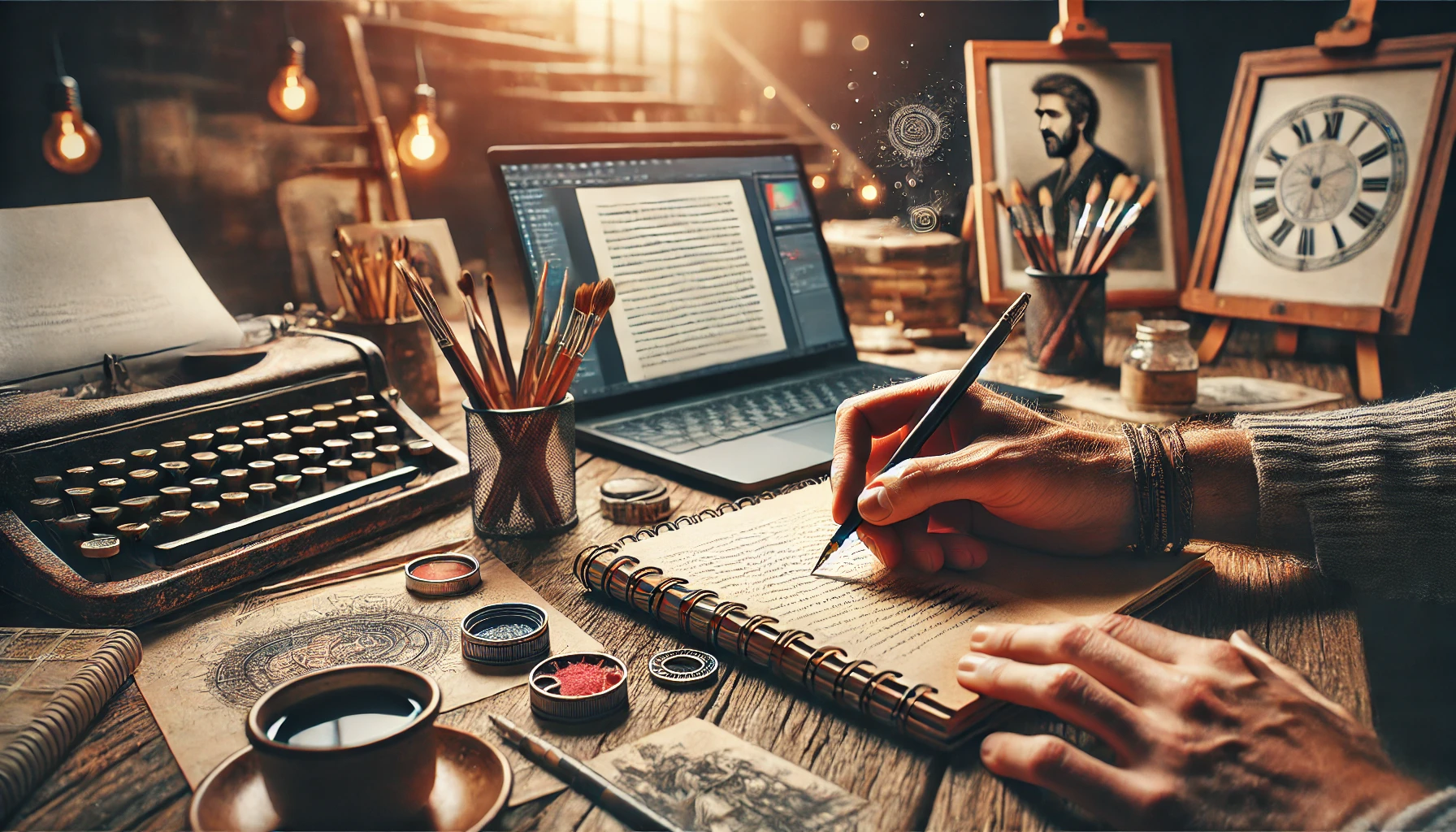 The creative process of writing, with a close-up of a hand holding a pen, writing on a notebook. The scene is set on a rustic wooden desk, surrounded by artistic elements like sketches, paintbrushes, and a coffee cup.