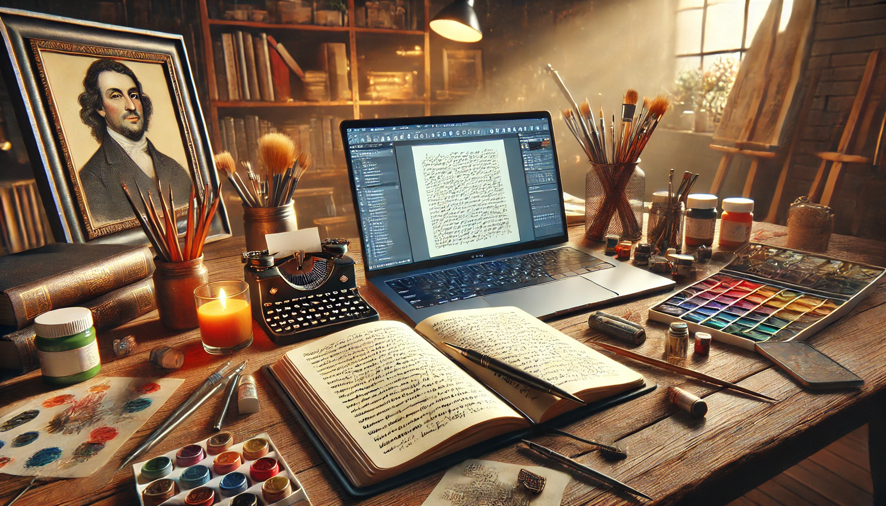 A cozy writing environment that blends artistic and technical elements. The scene features an open notebook with handwritten notes and a laptop displaying text on the screen.