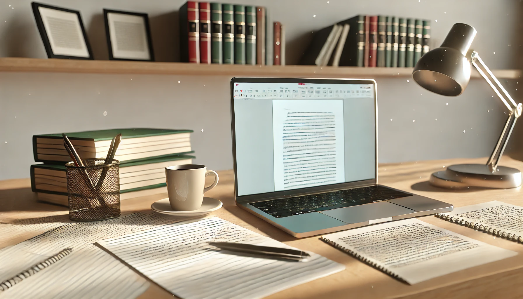 A writer's workspace focused on clarity and attention to detail. The scene features an open laptop with a partially written document on the screen, surrounded by neatly organized notes, a cup of coffee, and a pen on a minimalist wooden desk.