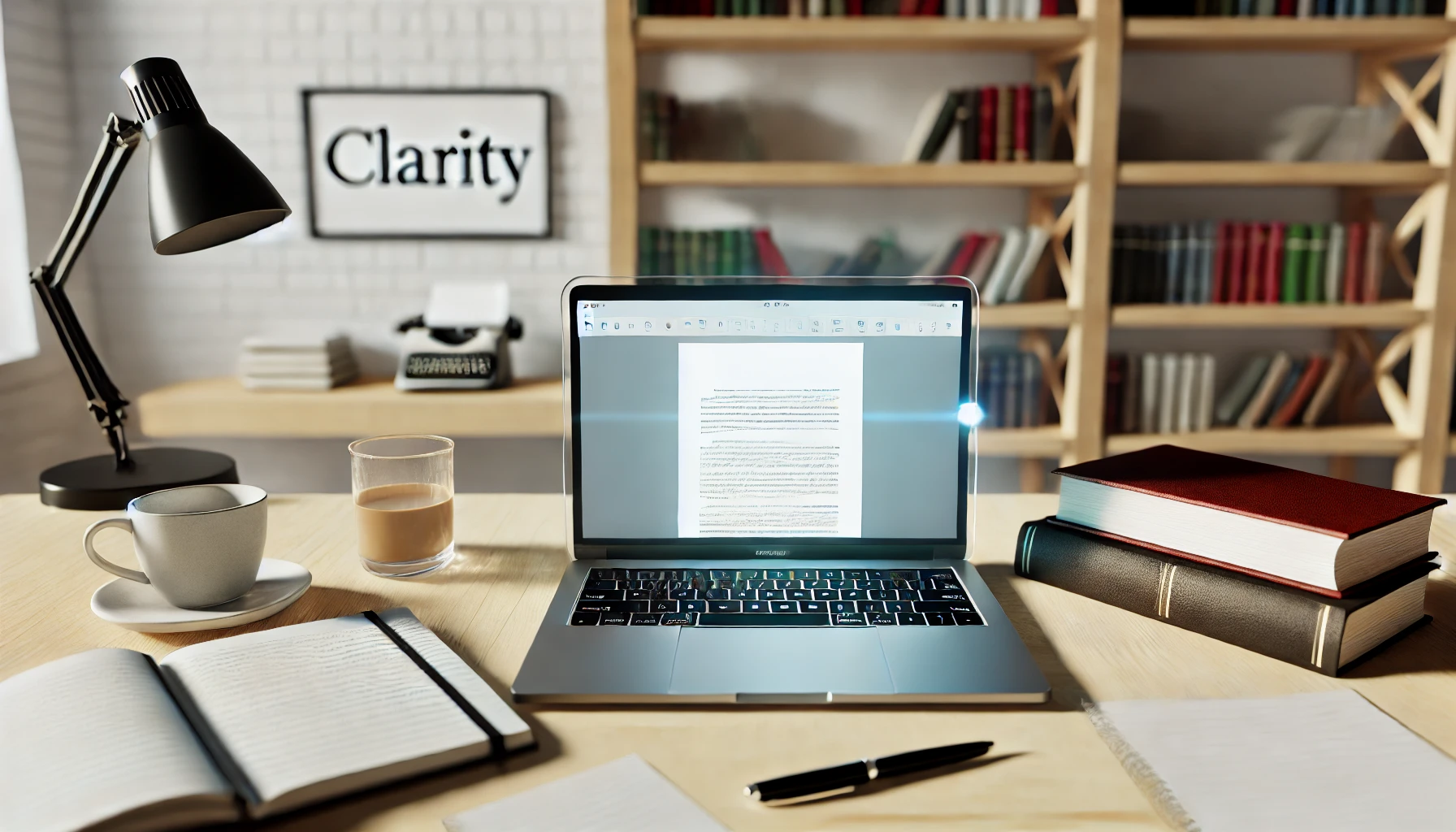 A writer's workspace focused on clarity and attention to detail. The scene features an open laptop with a partially written document on the screen, surrounded by neatly organized notes, a cup of coffee, and a pen on a minimalist wooden desk.