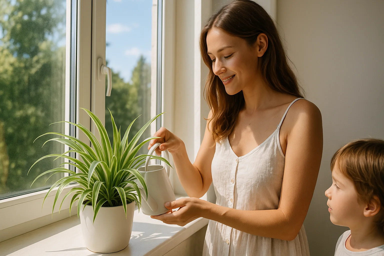 A young woman waters a lush spider plant on a sunny windowsill.
