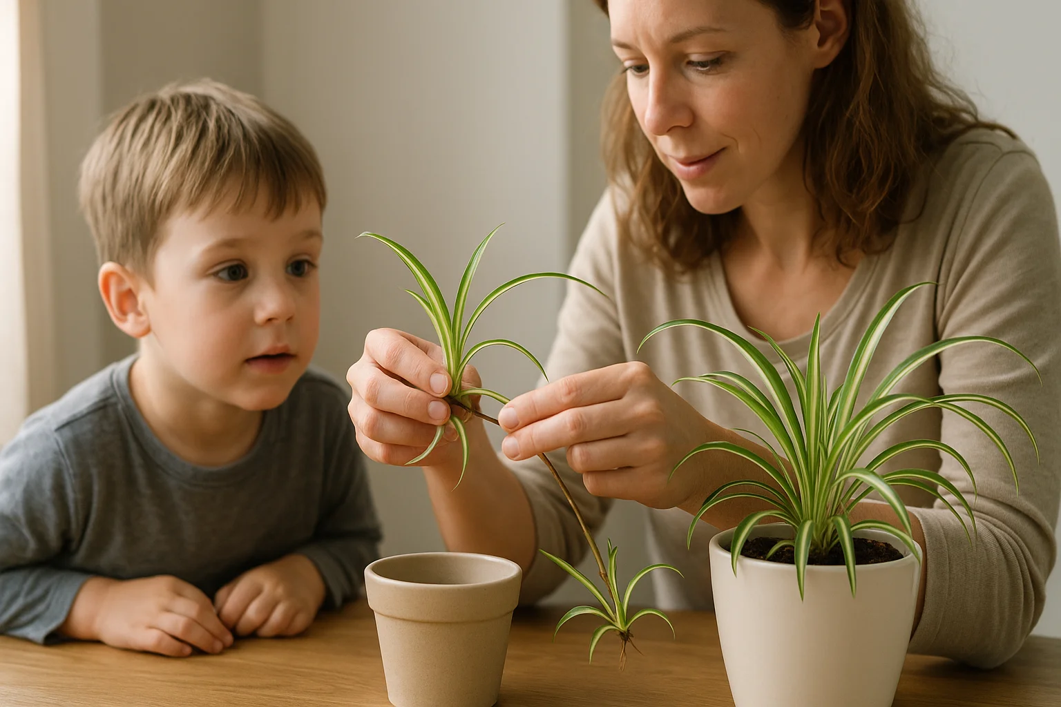A child watches closely as an adult carefully separates a spiderette from the mother plant to pot it separately.