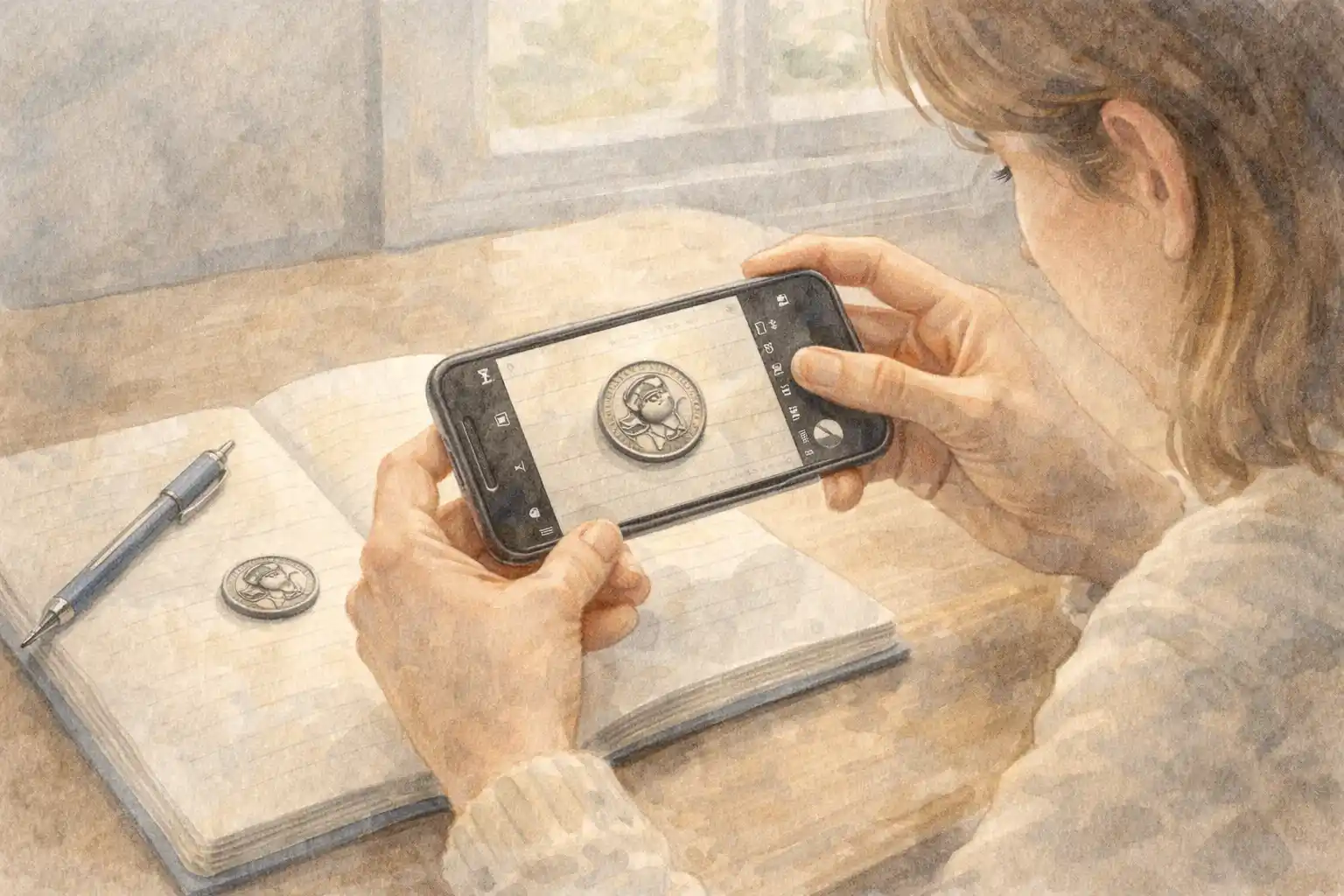 A woman photographs a Bessie Coleman quarter for a collection.