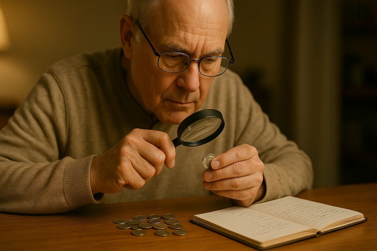 An elderly man examines Roosevelt dimes with a magnifying glass, studying details at his wooden table.