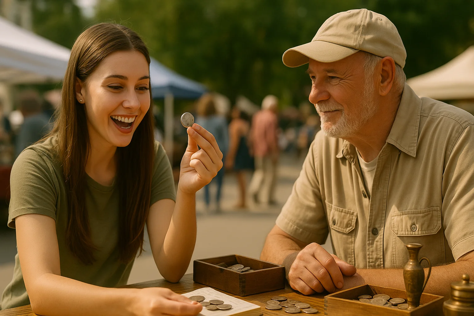 A young woman at a flea market smiles as she discovers a Roosevelt dime while the seller watches.